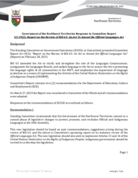 935-19(2) Government of the Northwest Territories Response to Committee Report 43-19(2):  Report on the Review of Bill 63:  An Act to Amend the Official Languages Act