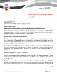 964-19(2)- Letter to Chair of Standing Committee on Social Development Regarding Government of the Northwest Territories Intervening in Supreme Court of Canada Case on the Report of Child and Family Services