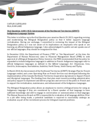 979-19(2) - Follow-up Letter for Oral Question 1488-19(2):  Government of the Northwest Territories Indigenous Language System