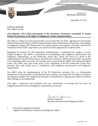 985-19(2) - Follow-up Letter for Oral Question 1541-19(2):  Government of the Northwest Territories Committed to United Nations Declaration on the Rights of Indigenous Peoples Implementation