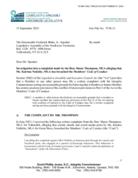 995-19(2) - Integrity Commissioner report into a complaint made by the Hon. Shane Thompson, MLA alleging that Ms. Katrina Nokleby, MLA has breached the Members’ Code of Conduct