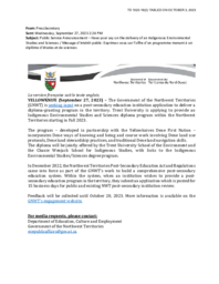 1022-19(2) - Government of the Northwest Territories Public Service Announcement dated September 27, 2023, regarding an Indigenous Environmental Studies and Sciences Diploma Program