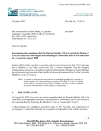 1023-19(2) - Integrity Commissioner Investigation Report of Complaints that MLA Great Slave Breached Members’ Code of Conduct