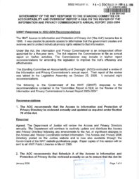 094-15(4) - Government of the NWT Response to the Standing Committee On Accountability and Oversight Report 4-15(4) On the Review of the Information and Privacy Commissioner's Annual Report 2003-2004