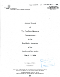 013-15(3) - Annual Report of The Conflict of Interest Commissioner to the Legislative Assembly of the Northwest Territories, March 22, 2004