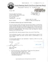 33-13(7) - Letter from Inuvik Health and Social Services Board Regarding Northern Addiction Service Treatment Dollars