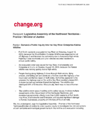 27-20(1) - Petition 1-20(1) : Petition to the Premier of the Northwest Territories Calling for a Public Inquiry into the Evacuation of Hay River on August 13, 2023