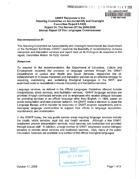 035-15(5) - GNWT Response to the Standing Committee on Accountability and Oversight Report 3-15(5) on the Review of the 2004-05 Annual Report of the Languages