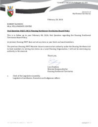 0059-20(1) - Follow-up Letter for Oral Question 25-20(1) : Housing Northwest Territories Board Policy 