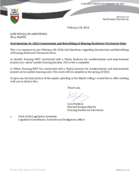 0060-20(1) - Follow-up Letter for Oral Question 34-20(1) : Construction and Retrofitting of Housing Northwest Territories Units 