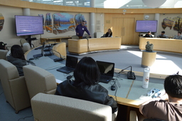 Clerk of the Assembly, Glen Rutland introducing Consensus Government and the voting of Cabinet inside the Muskox Room. Deputy Clerk, Members' and Precinct Services, Kim Wickens in attendance.