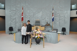 Sumukh Sharma (Youth Parliamentarian MLA Hay River South) next to the Mace.