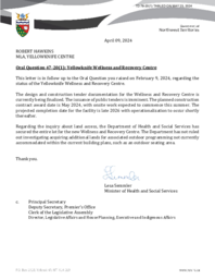 0078-20(1) - Follow-up letter to Oral Question 47-20(1) : Yellowknife Wellness and Recovery Centre