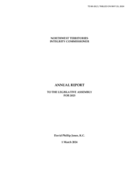 0090-20(1) - Northwest Territories Integrity Commissioner : annual report to the Legislative Assembly for 2023 = Commissaire à l'intégrité des Territoires du Nord-Ouest : rapport annuel 2023 présenté à l'Assemblée législative