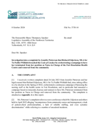 0199-20(1) - Investigation into a complaint by Jennifer Patterson that Richard Edjericon, MLA for Tu Nedhé-Wiilideh breached the Code of Conduct by orchestrating a campaign to have her terminated from her positi