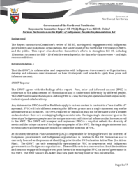 0115-20(1) - Government of the Northwest Territories response to Committee Report 55-19(2) : report on Bill 85 : United Nations Declaration on the Rights of Indigenous Peoples Implementation Act