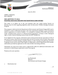 0141-20(1) - Follow-up letter for Oral Question 278-20(1):  Disaster Assistance Programs for Traditional Cabin Owners