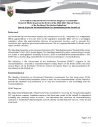 0147-20(1) - Government of the Northwest Territories Response to Committee Report 6-20(1):  Report on the Review of the 2022-2023 Annual Report of the Northwest Territories Ombud and Special Report on Recommendations for Amendments to the Ombud Act