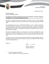 0173-20(1) - Follow-up Letter for Oral Question 289-20(1): Extending Government of Northwest Territories Employee Training to Non-Governmental Organizations Staff