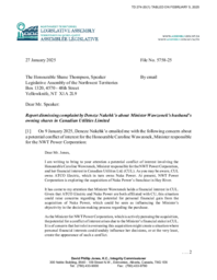 0274-20(1) - Report dismissing complaint by Deneze Nakehk’o about Minister Wawzonek’s husband’s owning shares in Canadian Utilities Limited