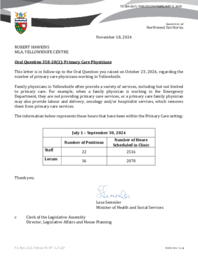 0264-20(1) - Follow-up letter to Oral Question 358-20(1) : primary care physicians