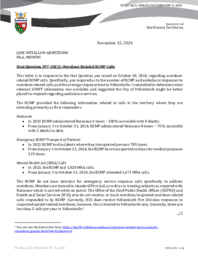 0257-20(1) - Follow-up letter to Oral Question 397-20(1) : overdose-related RCMP calls