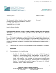 0281-20(1) - Integrity Commissioner on Complaint of Mr. Nahehk'o (Mr. Richards) - Disclosure of Information by Honourable Shane