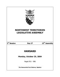 15th Assembly 3rd Session Day 27 - Monday, October 25, 2004