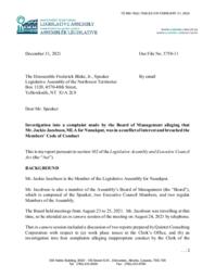 560-19(2) - Report of the NWT Integrity Commissioner on the Investigation into a Complaint Made by the Board of Management Alleging that Mr. Jackie Jacobson, Jackie, MLA for Nunakput, was in a Conflict of Interest and Breached the Members' Code of Conduct