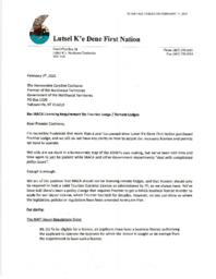 308-19(2) - Letter from Lutsel K-e Dene First Nation to Premier dated February 5, 2021 regarding MACA Licensing Requirement for Frontier Lodge / Remote Lodges 