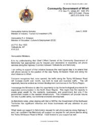 128-19(2) - Letter from Community Government of Whati, dated June 2, 2020, to Ministers of Industry, Tourism and Investment and Education, Culture and Employment regarding Expansion of Cell Phone Services between Yellowknife and Behchoko