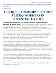 186-18(3) - News Release dated May 24, 2018: "Tlicho Leadership supports Tlicho workers in potential Layoff" 