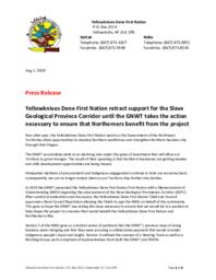 204-19(2) - Yellowknives Dene First Nation Press Release dated August 1, 2020 titled "Yellowknives Dene First Nation retract support for the Slave Geological Province Corridor until the GNWT takes the action necessary to ensure that Northerners benefit fr