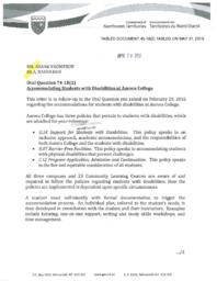 045-18(2) - Follow-Up Letter to Oral Question 74-18(2): Accommodating Students with Disabilities at Aurora College 