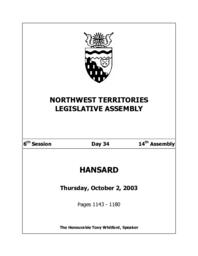 14th Assembly 6th Session Day 34 - Thursday, October 2, 2003