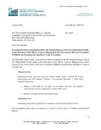 464-19(2) - Investigation dated June 14, 2021 of the Northwest Territories Integrity Commissioner, Mr. David Phillip Jones, Q.C., into a Complaint made by Mr. Rylund Johnson, MLA for Yellowknife North 